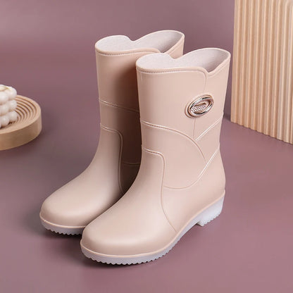 Women’s Fashion Mid-Tube Rain Boots – Wear-Resistant, Waterproof Rubber Shoes with Thick Sole, Non-Slip & Cotton Lining