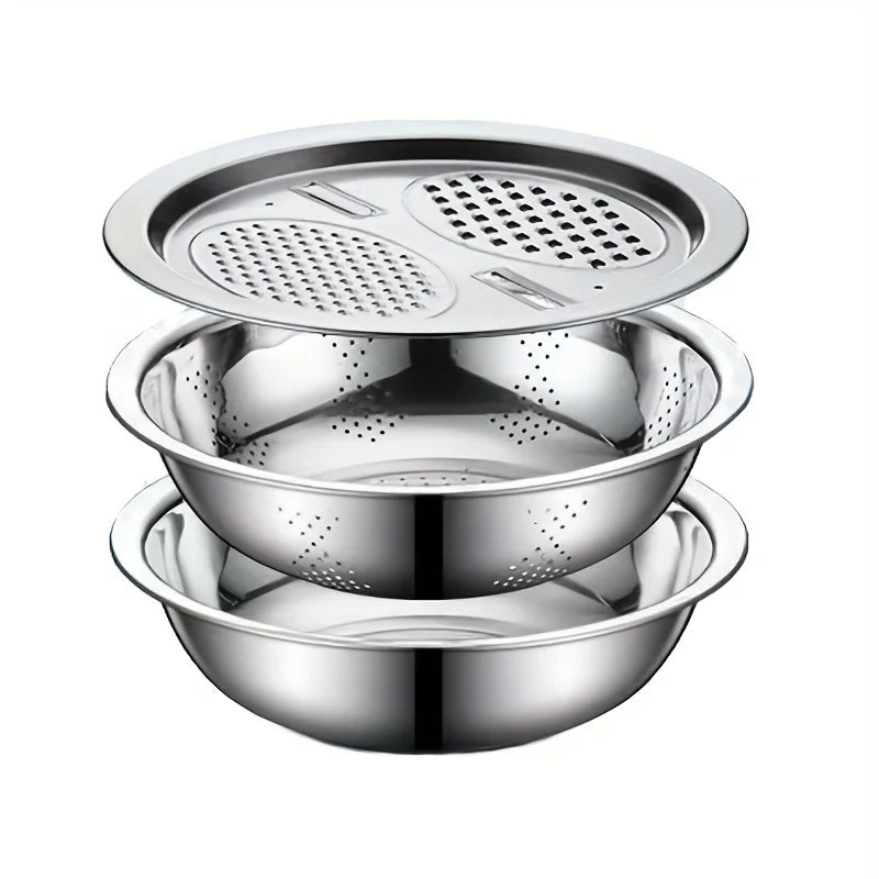 3-Piece Stainless Steel Kitchen Prep Set - Mixing Bowl & Multifunctional Vegetable Slicer for Fruits and Vegetables