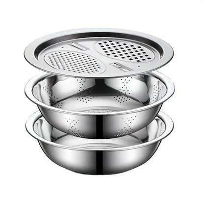 3-Piece Stainless Steel Kitchen Prep Set - Mixing Bowl & Multifunctional Vegetable Slicer for Fruits and Vegetables