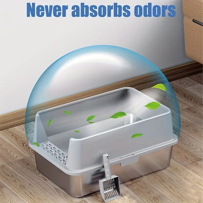 Super Large XL Stainless Steel Cat Litter Box with Lid – High Side Closed Design for Large & Small Cats, Includes Scoop
