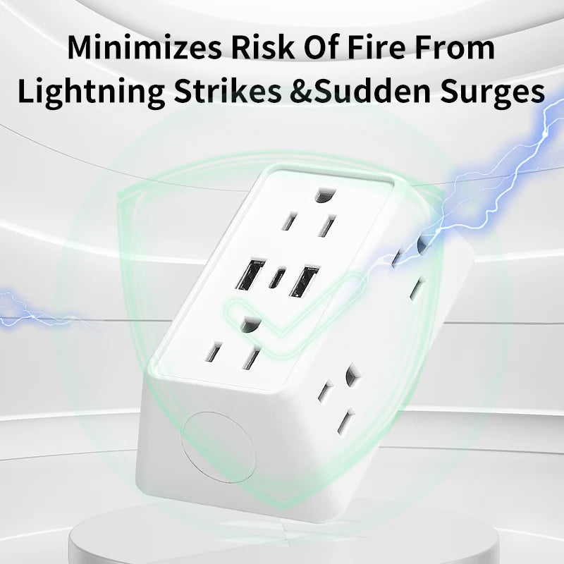 9-in-1 Power Strip – 2 USB Sockets, 1 Type-C Socket, 6 AC Sockets, Compact Wall Plug Power Expander