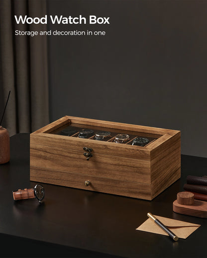 SONGMICS 12-Slot Watch Box – 2-Tier Watch Display Case with Glass Lid, Removable Pillows & Velvet Lining Jewelry Organizer