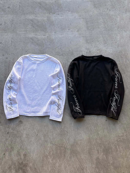 Retro Streetwear Long Sleeve T-Shirt - Loose Fit English Print Casual Crew Neck Top