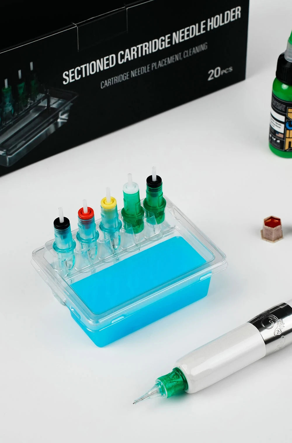 20PCS Tattoo Cartridge Needle Holders — Transparent Disposable Trays for Cleaning & Working Cups
