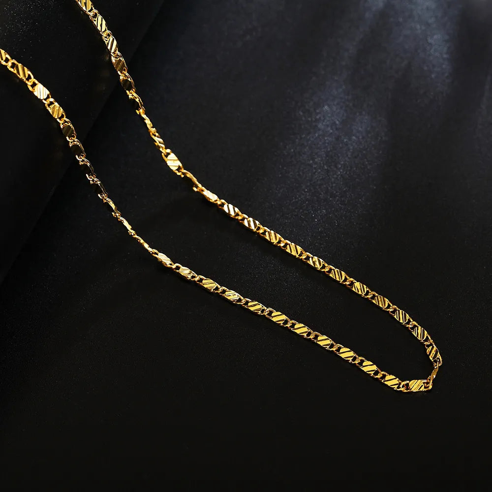 18K Gold Color Flat Chain Necklace for Men & Women – 2mm Charm, 40-75cm Luxury Jewelry for Party & Wedding
