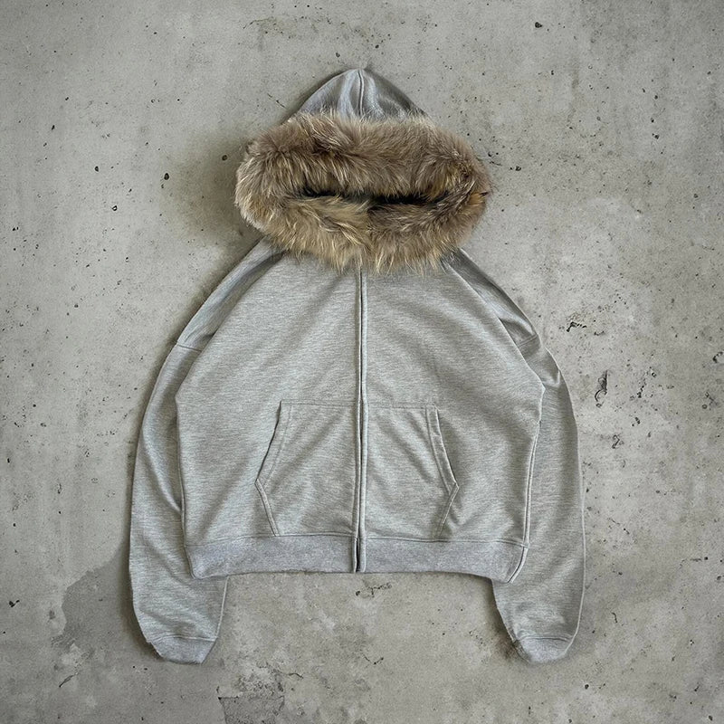 Y2K Zip-Up Hoodie with Faux Fur Collar – Harajuku Rock Goth Retro Punk Loose Jacket for Hip Hop Streetwear