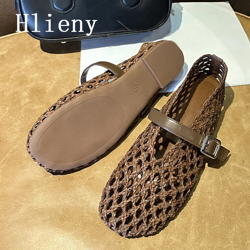 Hlieny Women’s Summer Mesh Flats – Hollow Weave Round Toe Loafers with Buckle Strap, Casual Mary Jane Mules Sandals
