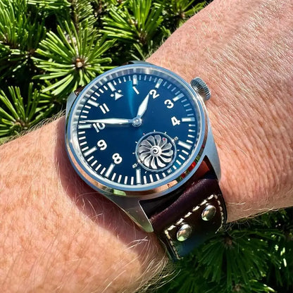 Hruodland 43MM Pilot Men’s Manual Mechanical Watch — Sapphire Crystal, BGW-9 Night Light, Turbine Design, Waterproof 5Bar