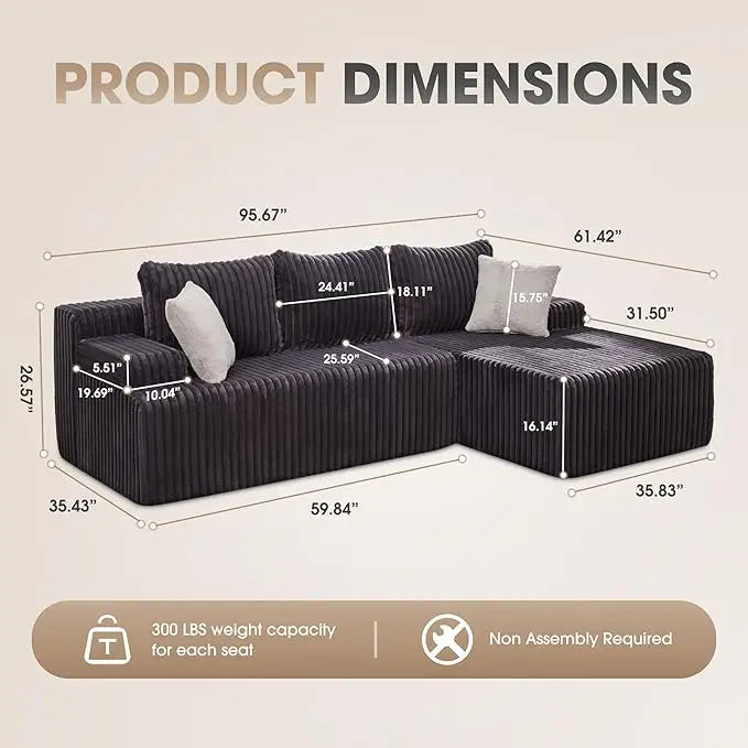 Modular L-Shaped 3-Seat Sectional Sofa — Memory Foam, Deep Seating & Storage