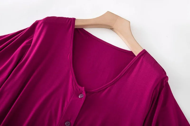 Women’s Modal Short-Sleeve Night Dress – Mid-Length Cotton Sleep Top with Buttons, Plus Size Pajamas