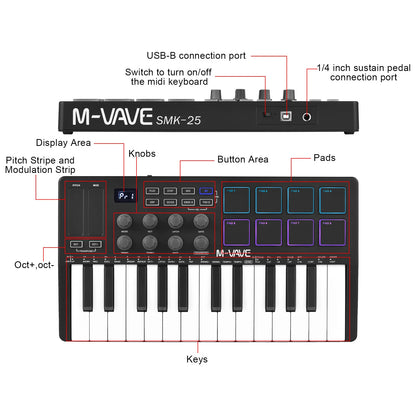 M-VAVE 25 Key MIDI Control Keyboard – Portable USB, Velocity-Sensitive Keys, 8 RGB Pads, 8 Knobs