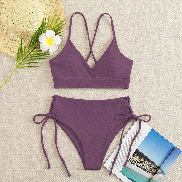 Cikini V-Neck Split Bikini Set – Sexy Lace-Up Triangular Solid Color Swimwear for Women