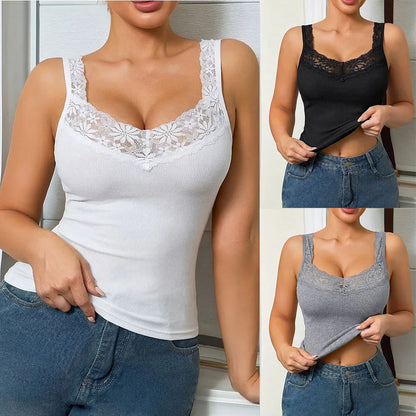Women's Lace Neckline Seamless Tank Top - Slim Fit Ribbed Knit Sleeveless Camisole for Summer Streetwear