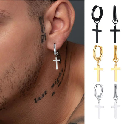 Stainless Steel Cross Charm Earrings - Men's Fashion Jewelry