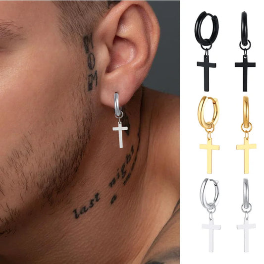 Stainless Steel Cross Charm Earrings - Men's Fashion Jewelry