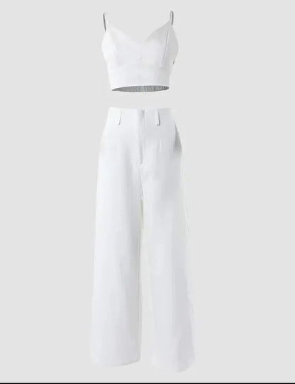 CM.YAYA Women’s 2-Piece Set – Spaghetti Strap V-Neck Crop Top & Wide Leg Pants, Party Tracksuit 2024