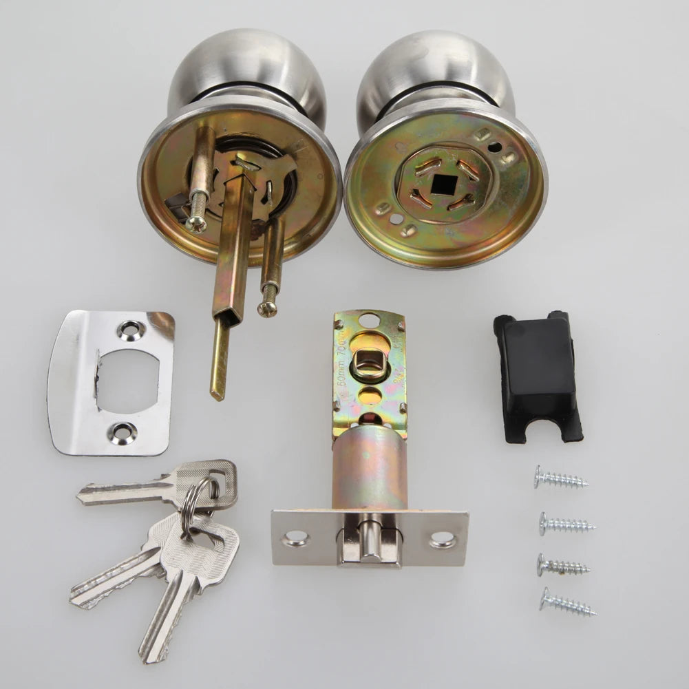 Stainless Steel Round Door Knob Lock - Rotating Entrance Door Handle with 3 Keys
