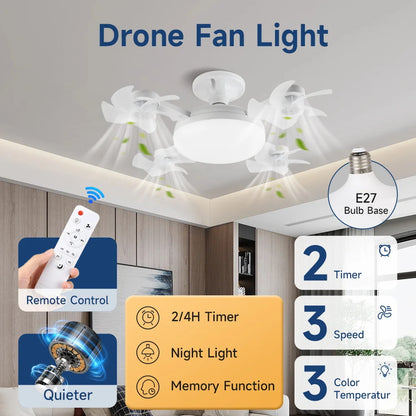 E27 LED Ceiling Fan Light - Remote Control Dimming 3-Color Lighting with 3-Speed Fan for Living Room & Kitchen