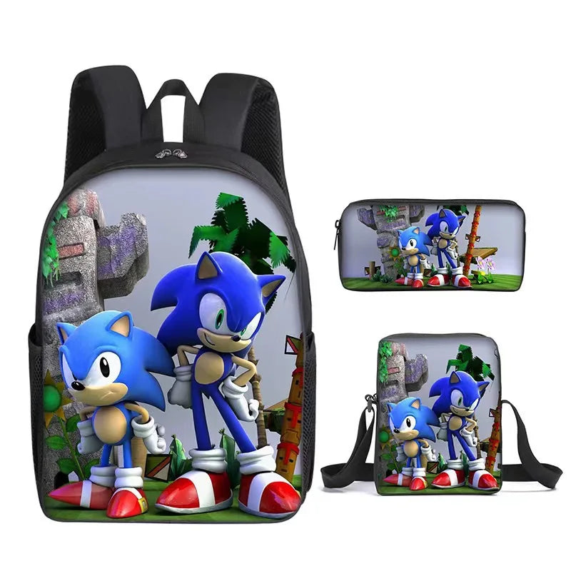 3PC Sonic Backpack School Bag Set – Anime Cartoon Zipper Backpack for Boys & Girls, Primary and Middle School Students