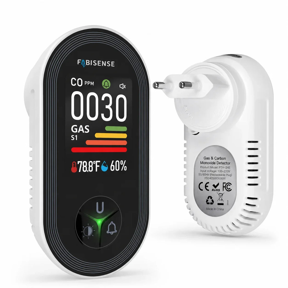 FABISENSE 4-in-1 Carbon Monoxide & Gas Detector - Plug-In CO Alarm with Gas Analyzer, Temperature & Humidity Display
