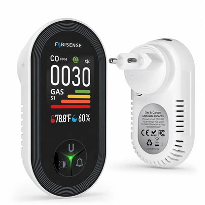 FABISENSE 4-in-1 Carbon Monoxide & Gas Detector - Plug-In CO Alarm with Gas Analyzer, Temperature & Humidity Display