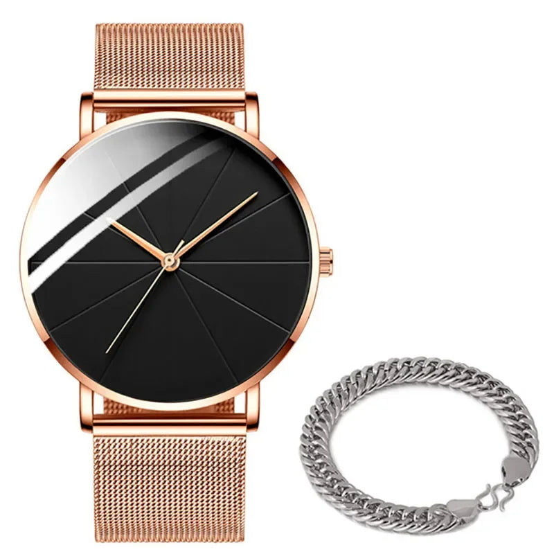 Men’s Minimalist Ultra-Thin Quartz Watch – Stainless Steel Mesh Band Business Fashion Wristwatch