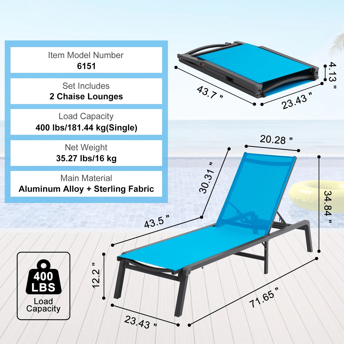 SucceBuy Outdoor Aluminum Chaise Lounge Chair — Folding Patio Pool Recliner, Full Flat Sun Lounger in Dark Grey