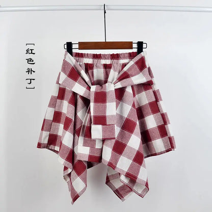 Summer Casual Retro Women’s Mini A-Line Skirt – Blue White Lattice Bow-Knot Elastic Waist Short Skirt