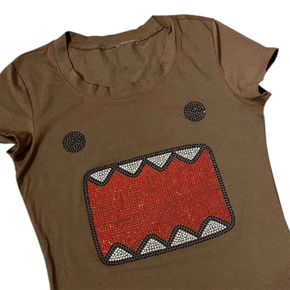 Y2K Rhinestone Graphic T-Shirt - Retro Vintage Round Neck Summer Top for Women
