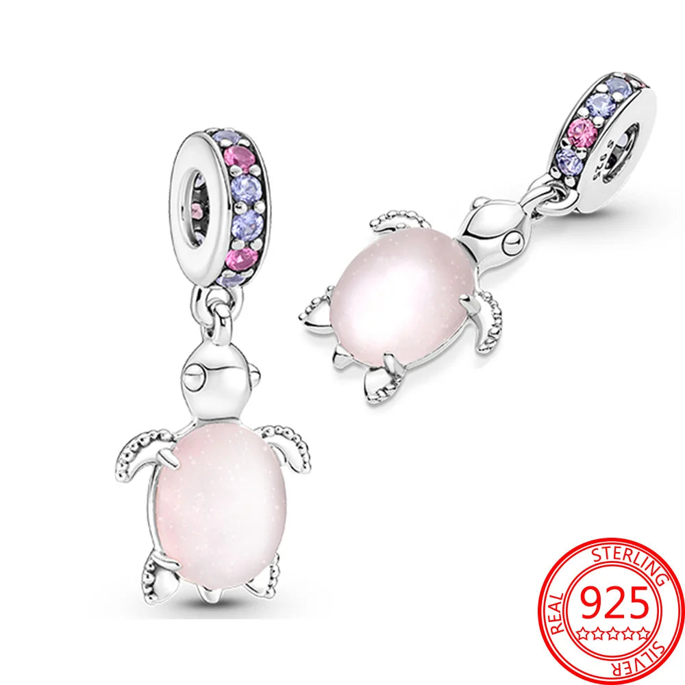 925 Silver Plated Murano Glass Sea Turtle Dangle Charm - Colorful Pink & Blue Jewelry for Women's Bracelet