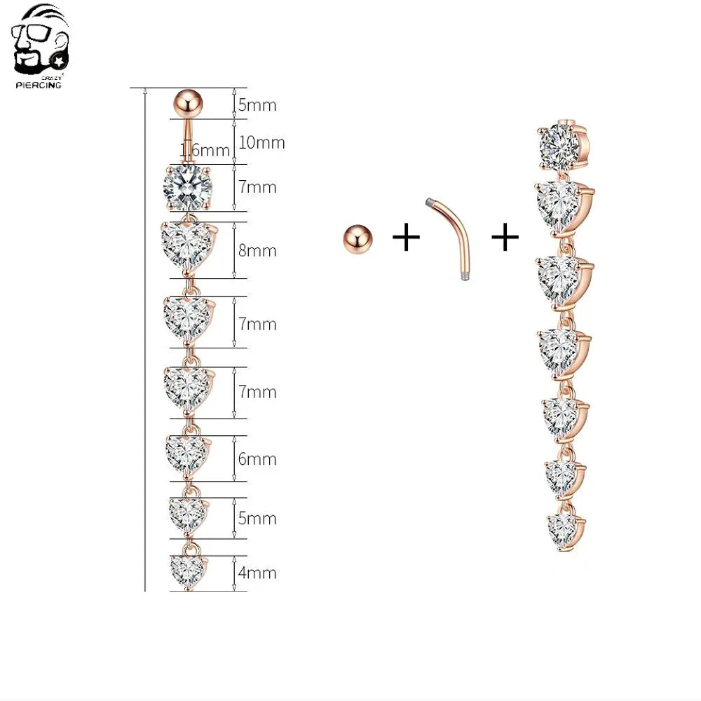 14G Surgical Steel Belly Button Ring – 7 Heart Crystal Long Dangle Navel Piercing Jewelry for Women