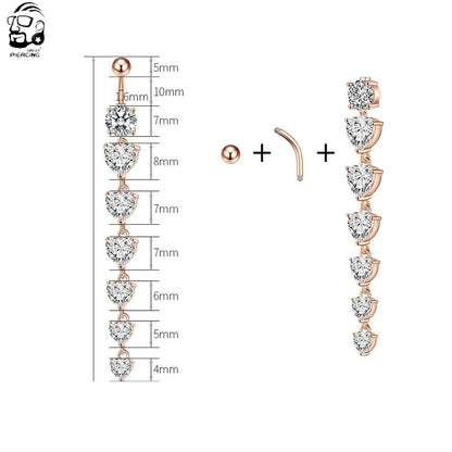 14G Surgical Steel Belly Button Ring – 7 Heart Crystal Long Dangle Navel Piercing Jewelry for Women