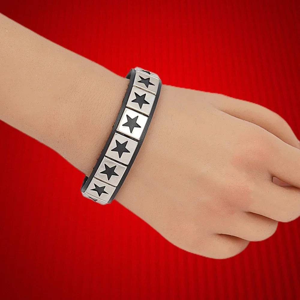 Punk Rock Hip Hop PU Leather Bracelet – Unisex Skull, Pentagram & Rivet Chain Bracelet, Trendy Party Jewelry Accessory