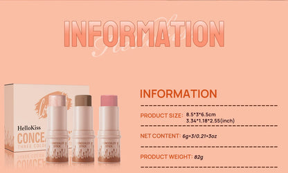 Hellokiss Multifunctional Grooming Stick 3-Piece Set – 3D Modification, Highlight & Brightening Blush Stick