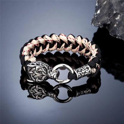 Vintage Norse Runes Celtic Wolf Survival Rope Bracelet - Handmade Stainless Steel Wristband for Men, Vikings Jewelry