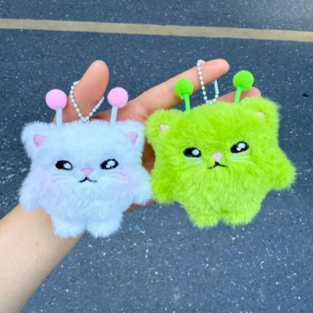 Kawaii Alien Cat Plush Keychain - 2PCS Cute Fluffy Doll Pendant Backpack Charm Gift for Girls