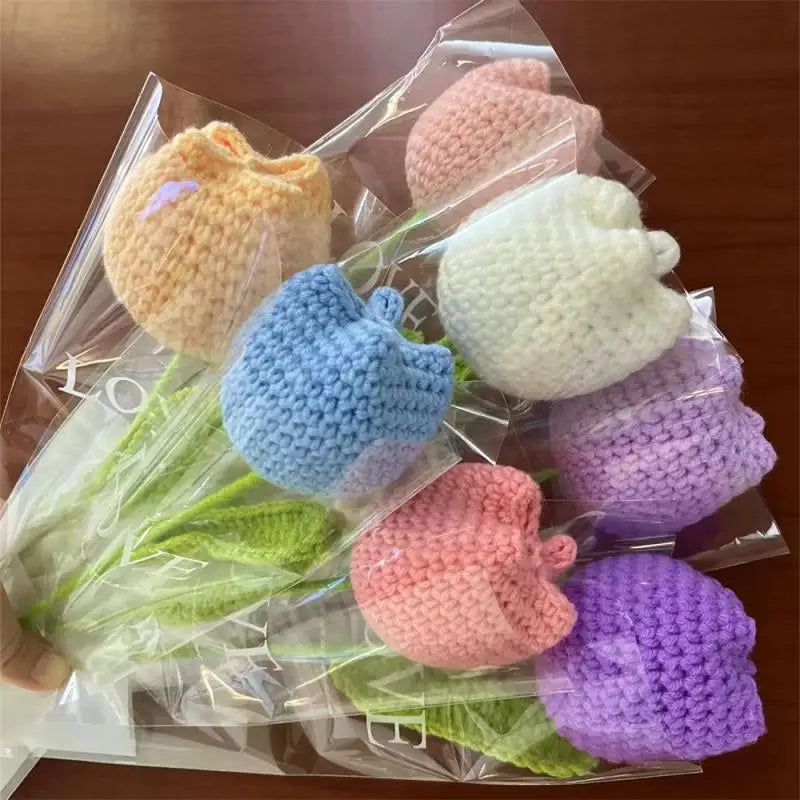 Hand-Knitted Rose, Tulip & Sunflower Bouquet – Crochet Simulation Floral Arrangement for Home Table Decor
