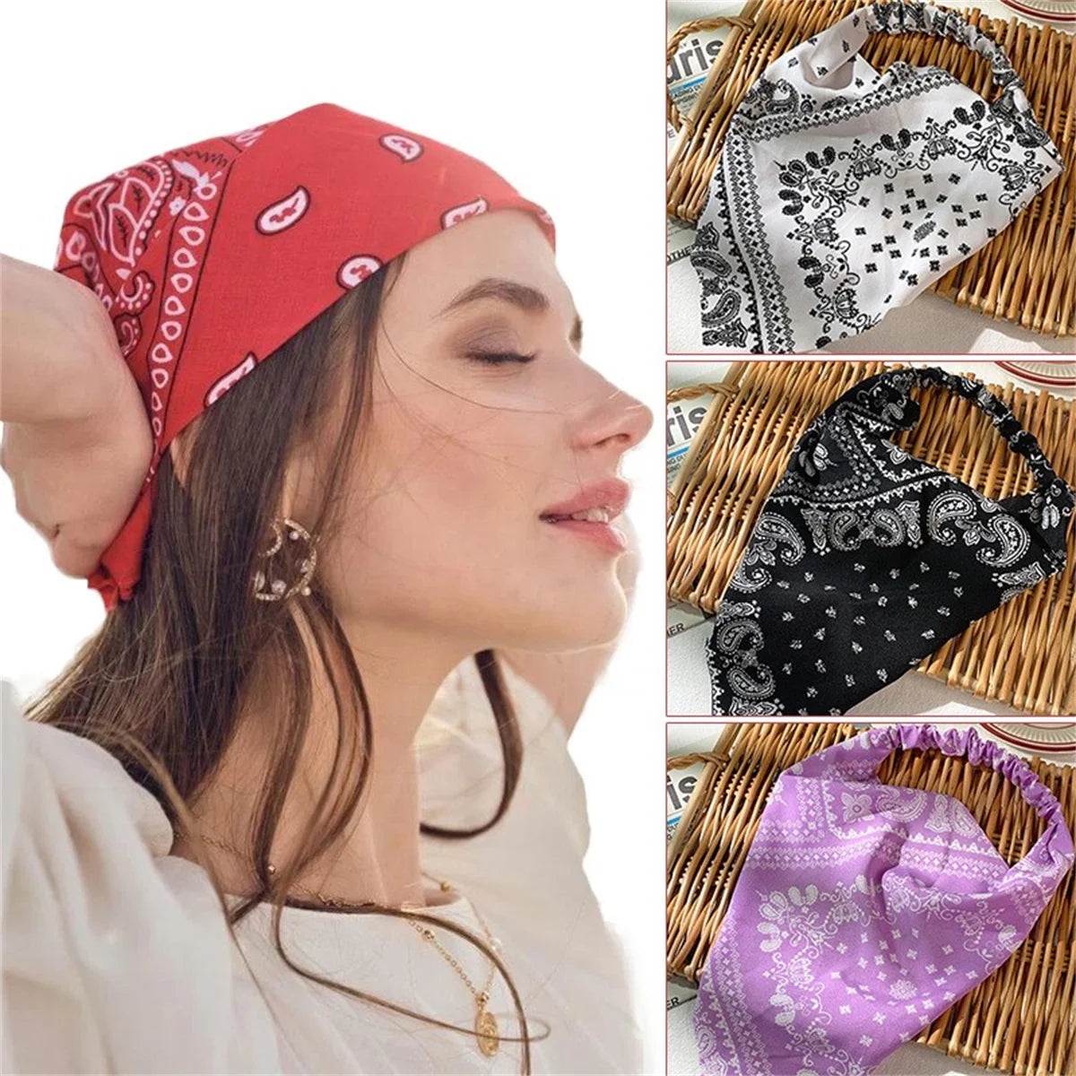 Retro Triangle Scarf Headband for Women - Breathable Elastic Fabric Hair Band