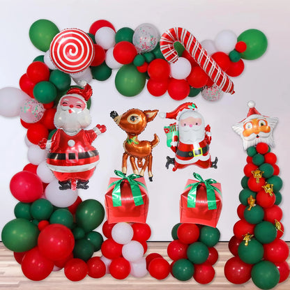 Christmas Balloon Garland Arch – Red & Green Balloons, Star, Santa, and Gift Box Foil Balloons for Xmas and New Year Decoration