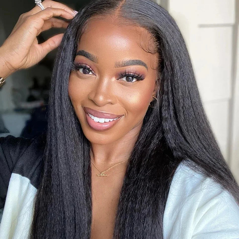 Kinky Straight 13x4 Lace Front Wig – Brazilian Human Hair, Bone Colored Yaki Straight, Transparent Lace Frontal Wig for Women