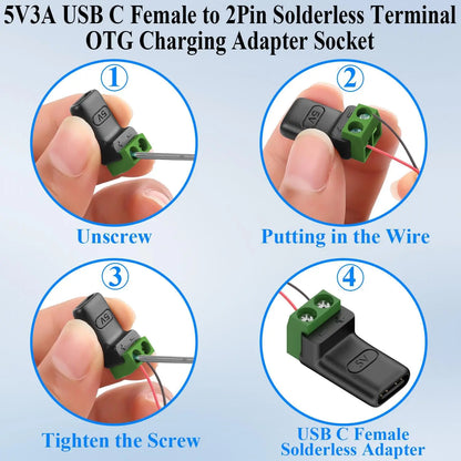 USB-C to 2-Pin Terminal Adapter - Solderless Screw-Type 5V Charging Connector, Green, 1–4 Pack