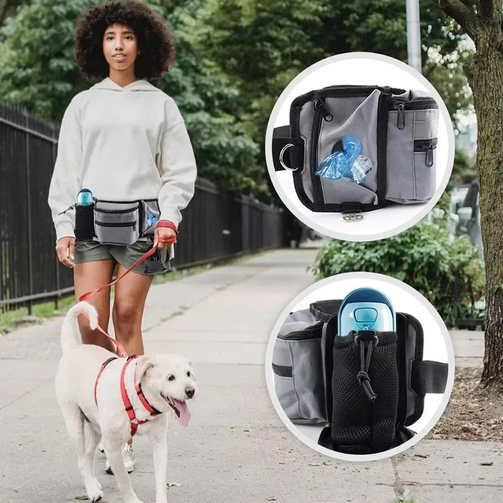 Dog Training Walking Bag – Hands Free Treat Pouch Waist Bag, Pet Snack Feeder, Pocket for Dog Bowls & Water Cup