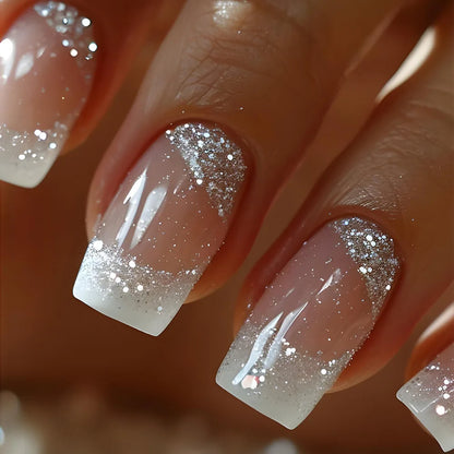 24pcs Blue Golden Stripe Press-On Nails Shiny Powder Long Square Full Cover False Nail Tips Wearable Love Design