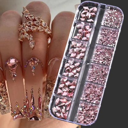 12-Grid Mixed Nail Rhinestones SS6-SS30 – Shiny Flat-Back Gems in Clear, Gold, Pink & Blue for Nail Art Decoration
