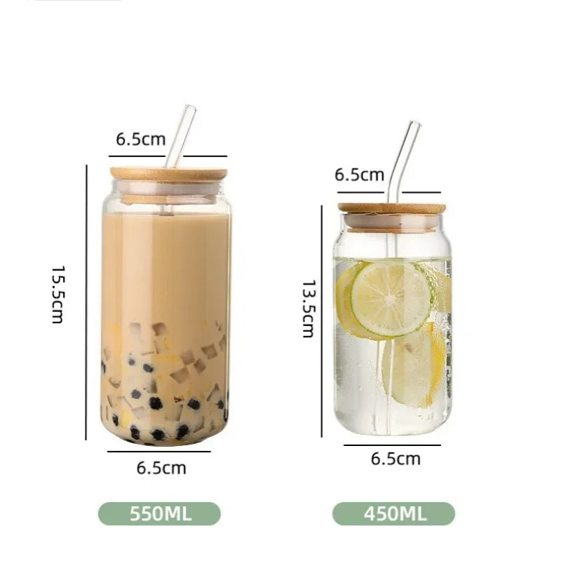 Borosilicate Glass Cup with Wooden Lid - 450ml/550ml Transparent Drink Cup with Straw for Juice & Water