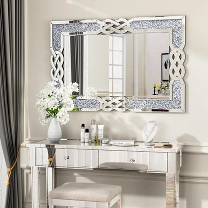 Large Crystal Diamond Wall Mirror – 90/100/120cm Silver Decorative Vanity Mirror for Bedroom, Hallway & Living Room