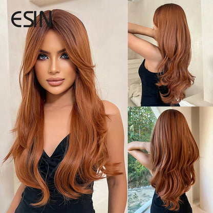 ESIN Long Synthetic Ombre Wig for Women — Elegant Red-Brown Layered Hair with Dark Roots, Heat-Resistant for Daily, Party & Cosplay