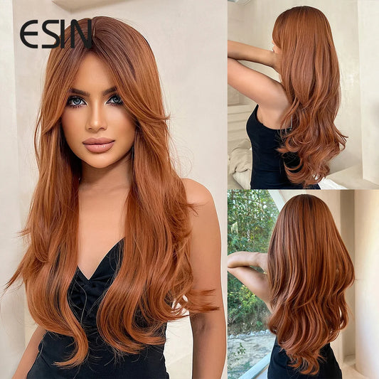 ESIN Long Synthetic Ombre Wig for Women — Elegant Red-Brown Layered Hair with Dark Roots, Heat-Resistant for Daily, Party & Cosplay