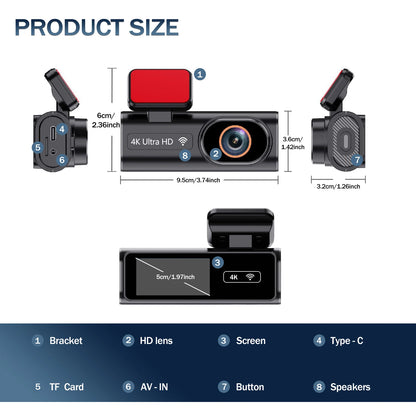 Aprilboy K6 4K WIFI Dash Cam - Front & Rear Dual Lens, 1080P Night Vision, Parking Monitor, Mini Car DVR
