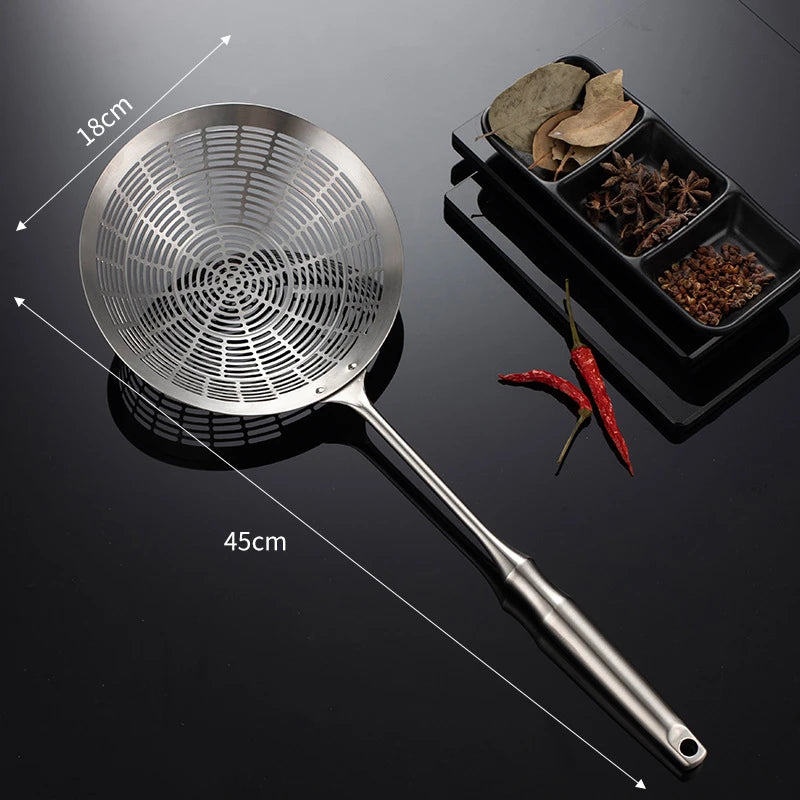 3 Sizes Round 304 Stainless Steel Strainer Set – Long Handle Kitchen Sieves for Hot Pot, Oil Filter & Cooking Tools